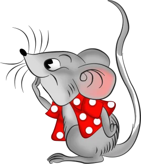 Whimsical Gray Mouse Wearing Polka Dot Red Bow Clipart Illustration