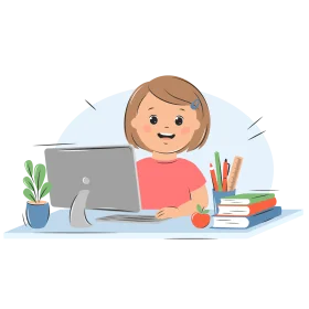 Cheerful Student Learning Online with Computer and Study Essentials Clipart Illustration