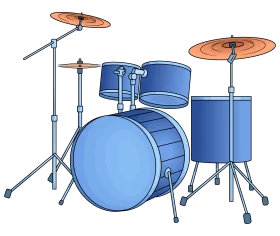 Classic Blue Acoustic Drum Set Clipart with Metallic Cymbals and Stands