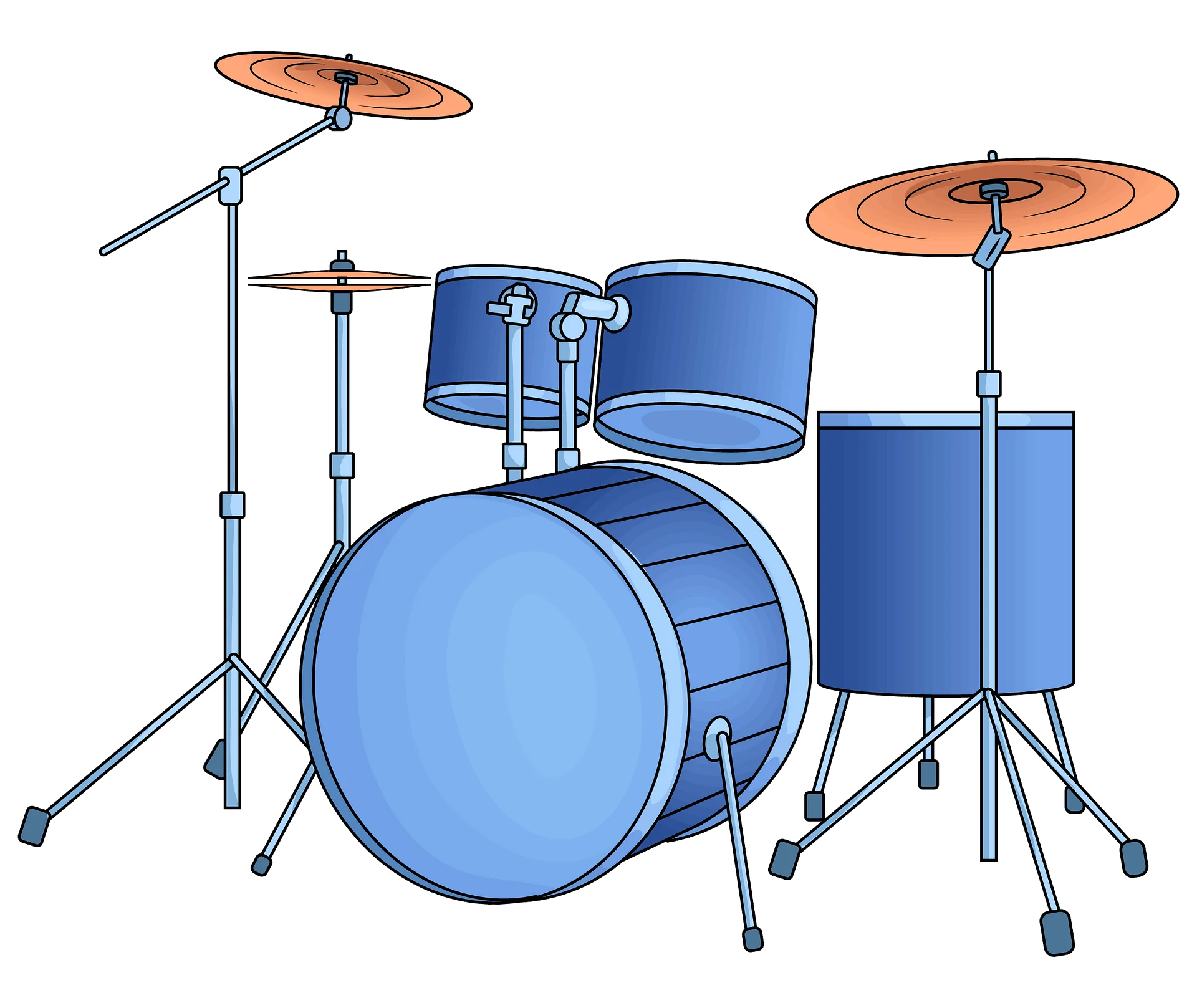 Classic Blue Acoustic Drum Set Clipart with Metallic Cymbals and Stands
