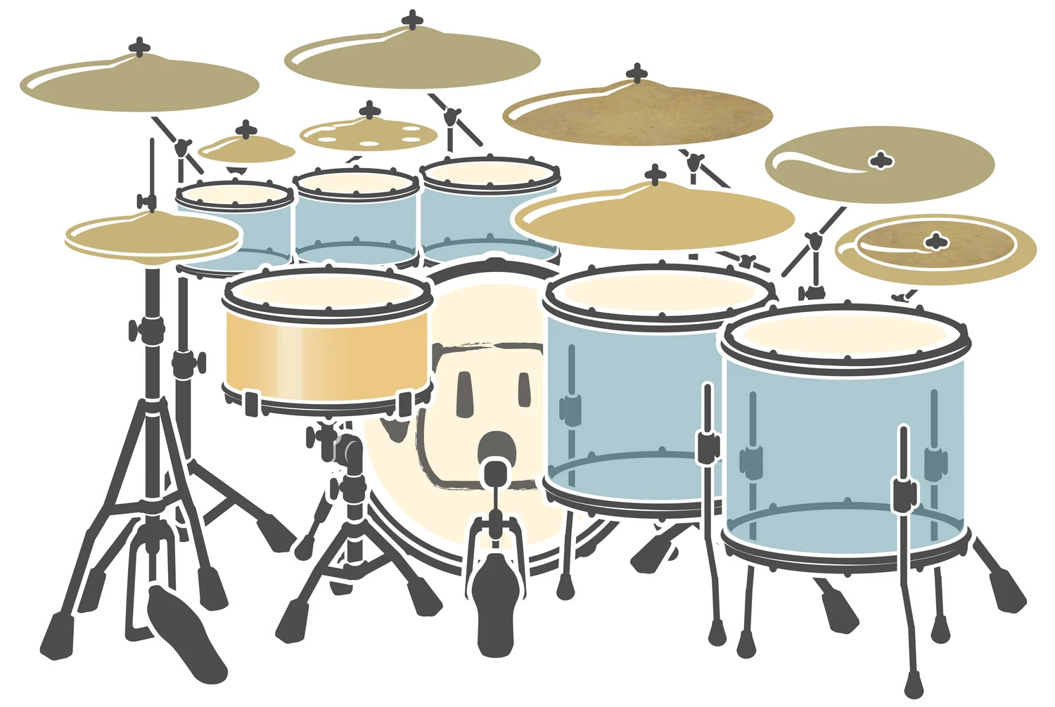 Comprehensive Acoustic Drum Set Clipart with Multiple Cymbals and Percussion Elements
