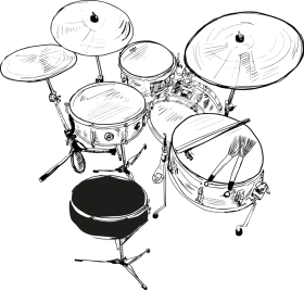 Detailed Black and White Acoustic Drum Set Clipart Illustration