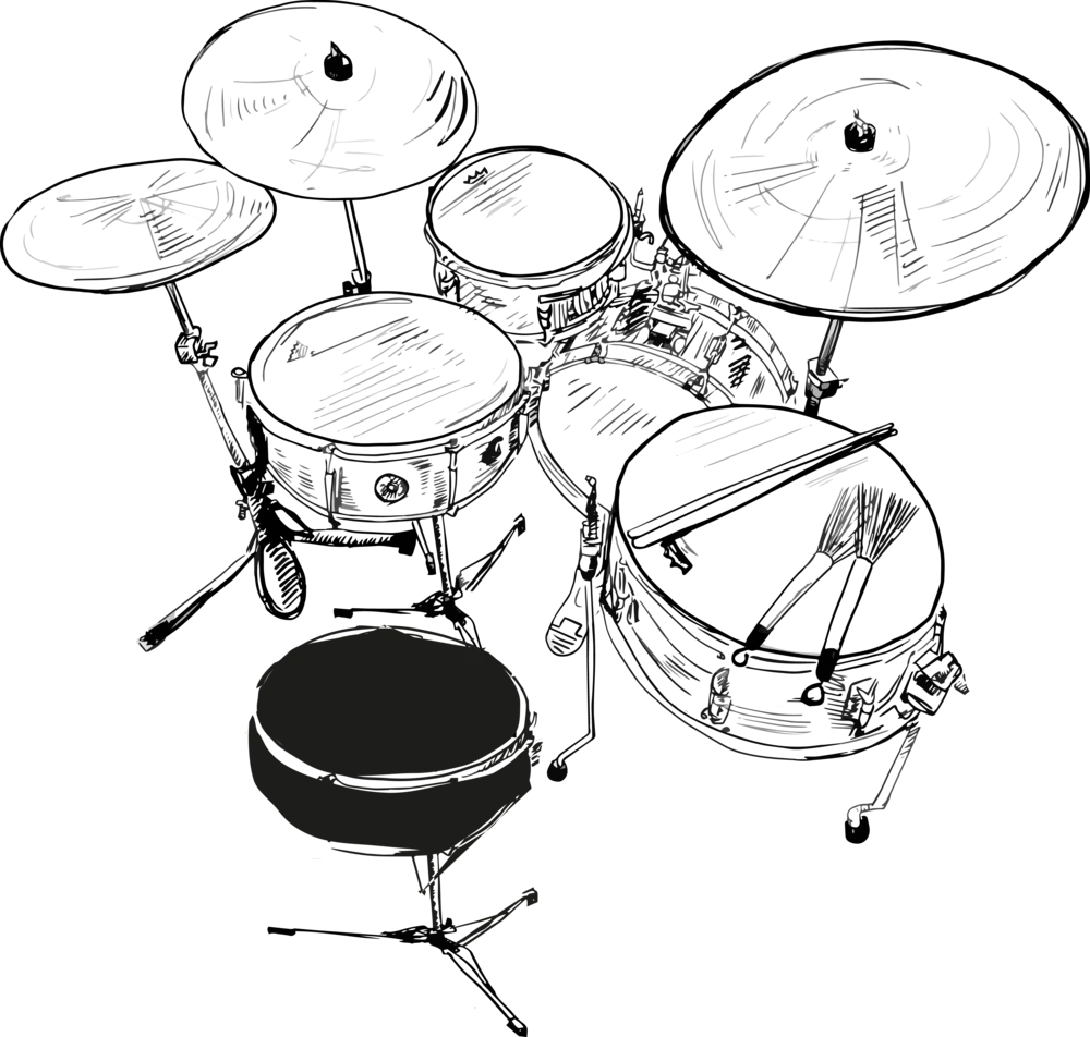 Detailed Black and White Acoustic Drum Set Clipart Illustration