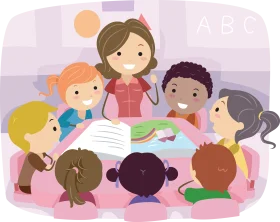 Diverse Children Gathered Around Learning Together in Colorful Classroom Clipart Scene