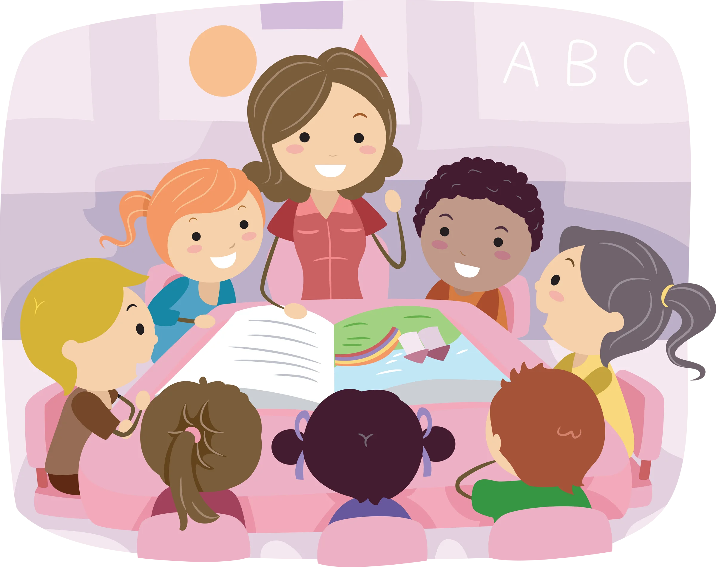 Diverse Children Gathered Around Learning Together in Colorful Classroom Clipart Scene