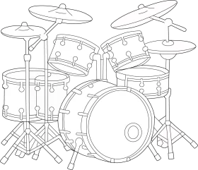 Intricate Black and White Drum Set Line Art Clipart Illustration for Music Enthusiasts