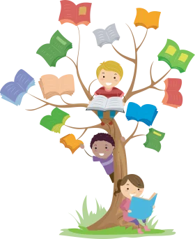 Magical Learning Tree Clipart: Children Discovering Knowledge Through Books