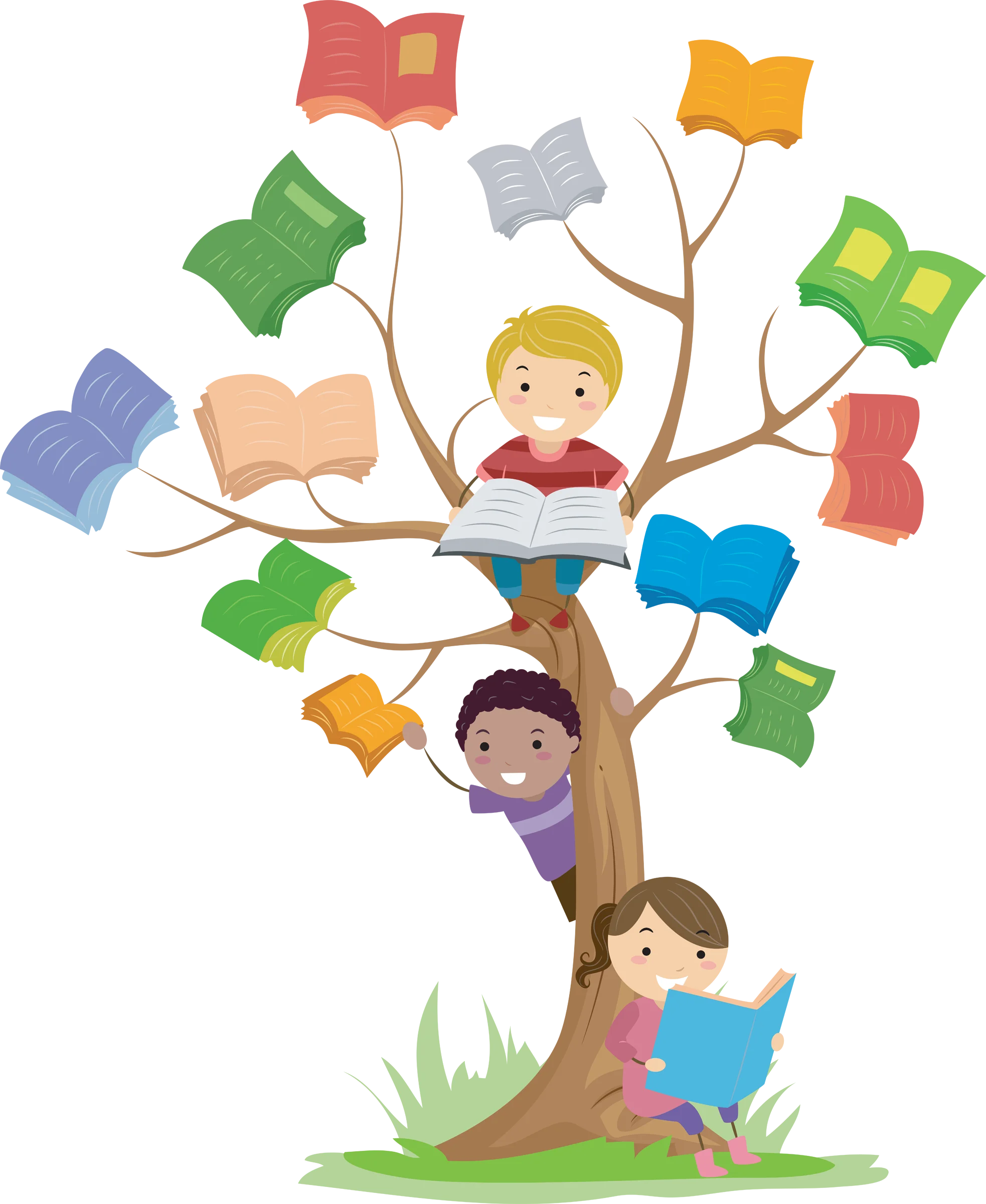 Magical Learning Tree Clipart: Children Discovering Knowledge Through Books