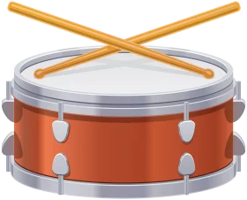 Realistic Orange Metallic Snare Drum Clipart with Crossed Drumsticks