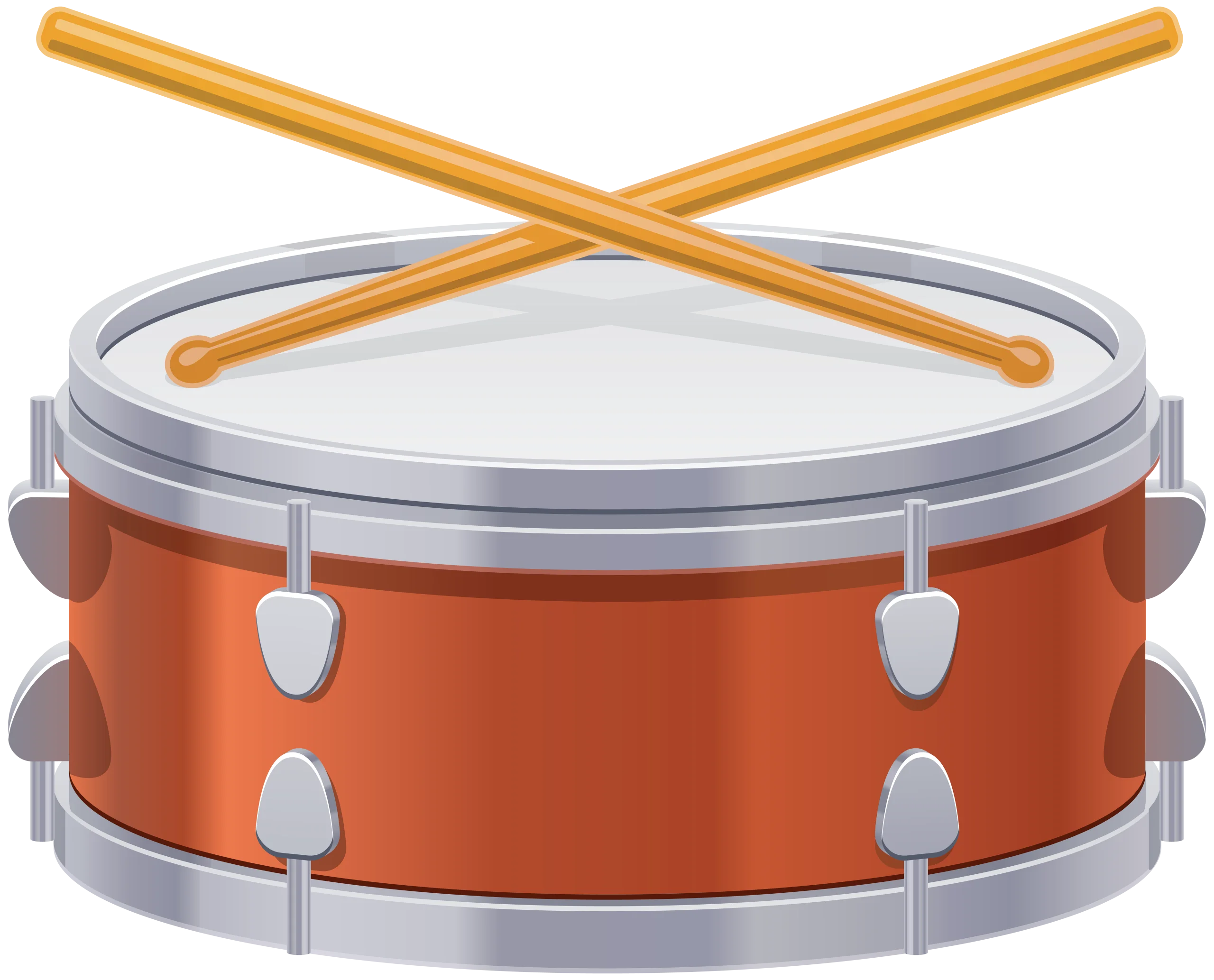 Realistic Orange Metallic Snare Drum Clipart with Crossed Drumsticks