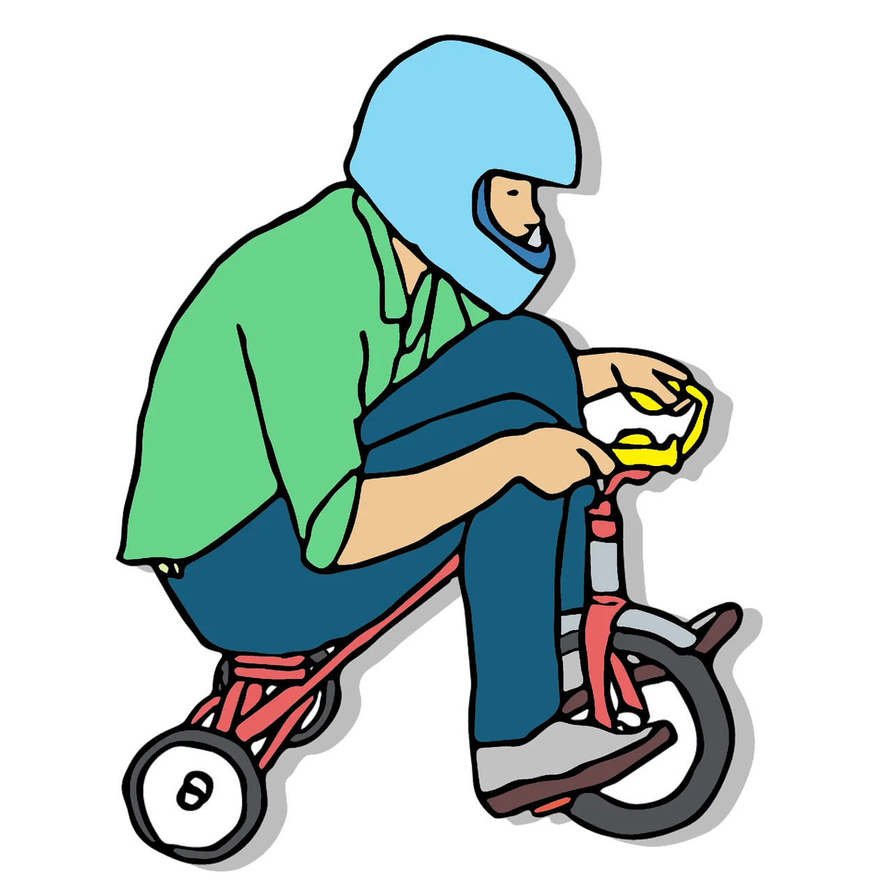 Whimsical Clipart of an Adult Riding a Tiny Toddler Tricycle with Comical Proportions