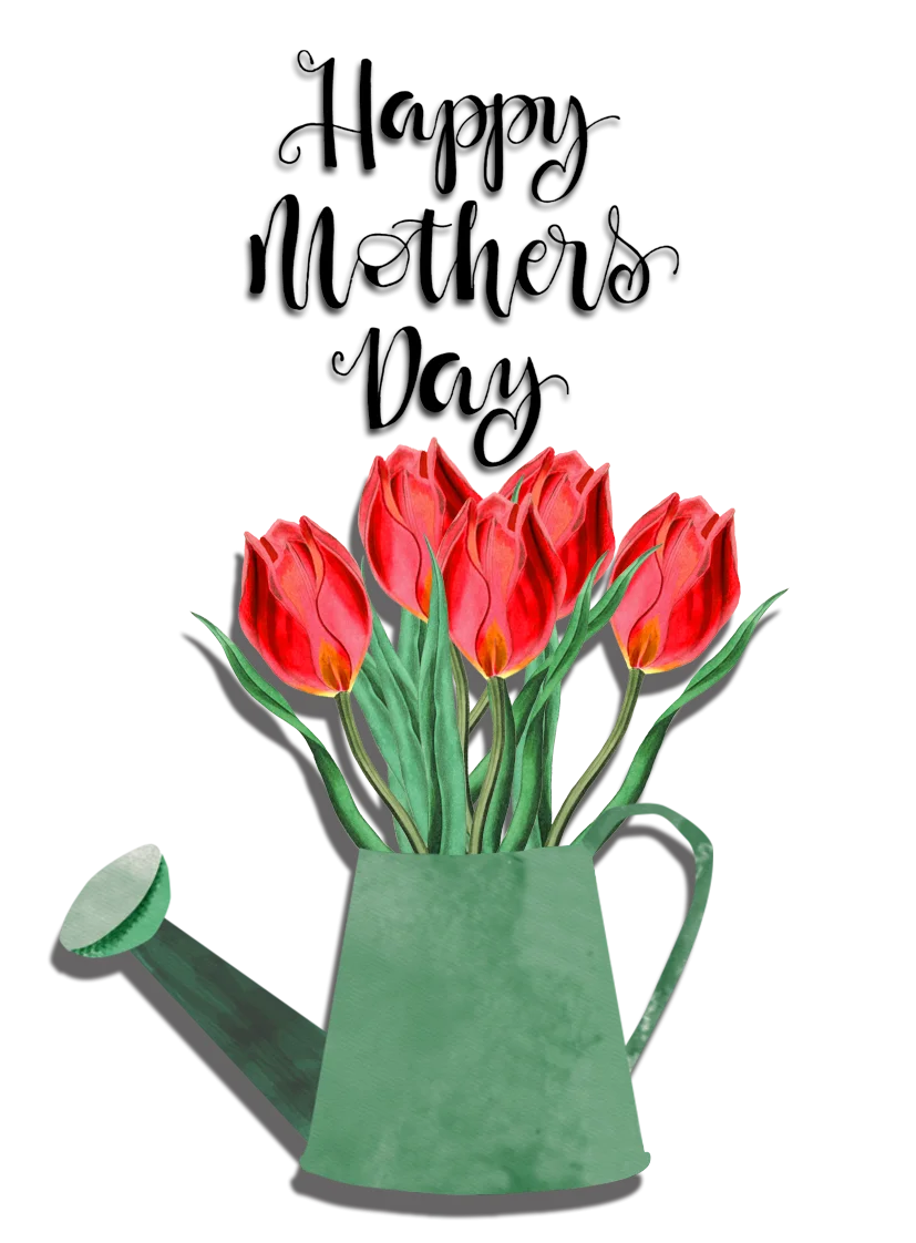 Charming Green Watering Can Filled with Radiant Red Tulips - Mothers Day Clipart