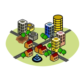 Charming Isometric Urban Landscape Clipart with Geometric City Buildings and Green Spaces
