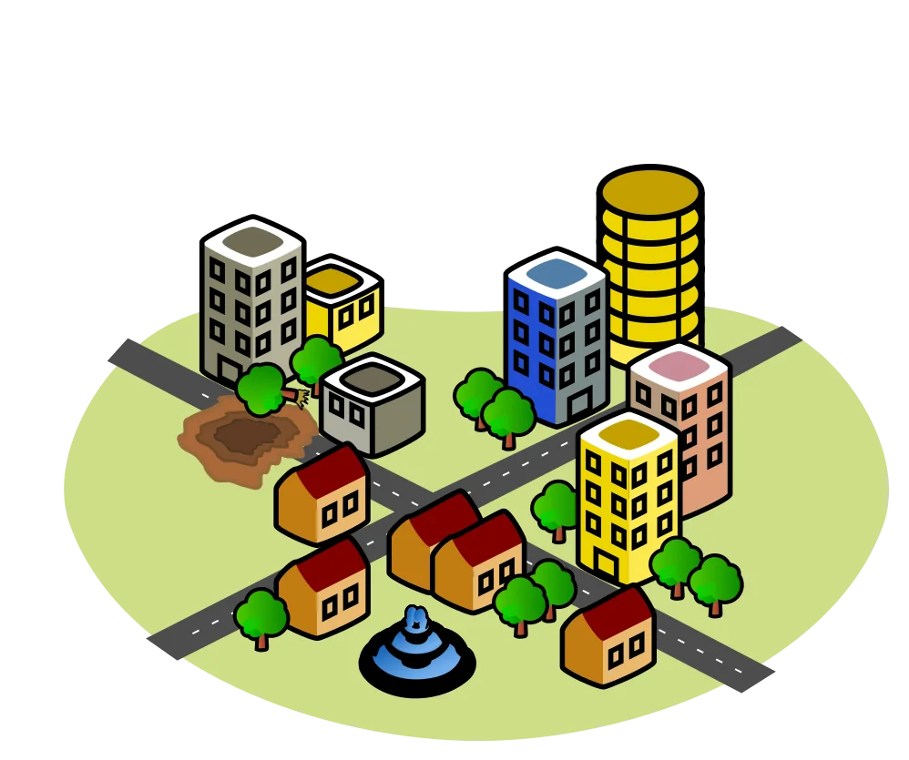 Charming Isometric Urban Landscape Clipart with Geometric City Buildings and Green Spaces