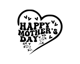 Elegant Black and White Mother's Day Heart-Shaped Clipart Design with Floral Accents