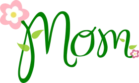 Elegant Handwritten 'Mom' Mother's Day Clipart with Delicate Pink Flower