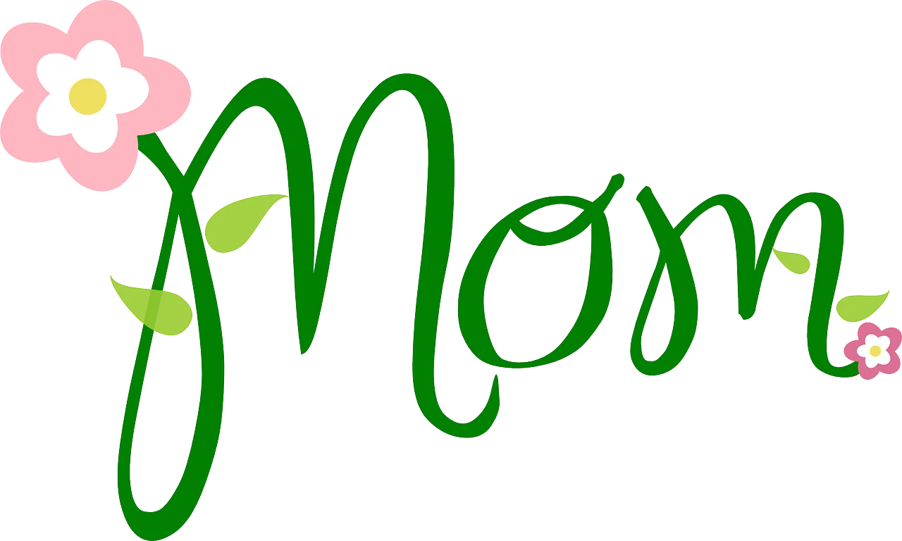 Elegant Handwritten 'Mom' Mother's Day Clipart with Delicate Pink Flower