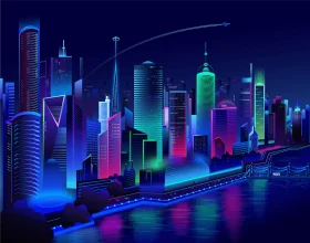 Futuristic Neon Cityscape Clipart: Luminescent Urban Landscape at Night