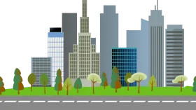 Modern Urban Landscape Clipart Showcasing Sleek Skyscrapers and Green Street Scenery