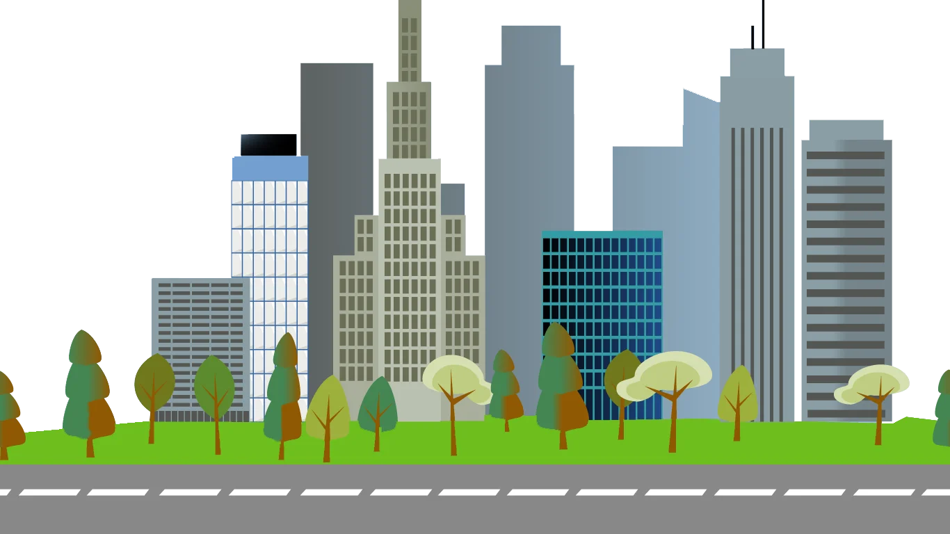 Modern Urban Landscape Clipart Showcasing Sleek Skyscrapers and Green Street Scenery
