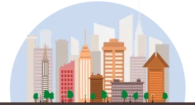 Modern Urban Landscape Clipart: Stylized City Skyline with Diverse Building Architectures