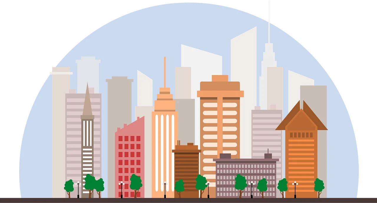 Modern Urban Landscape Clipart: Stylized City Skyline with Diverse Building Architectures