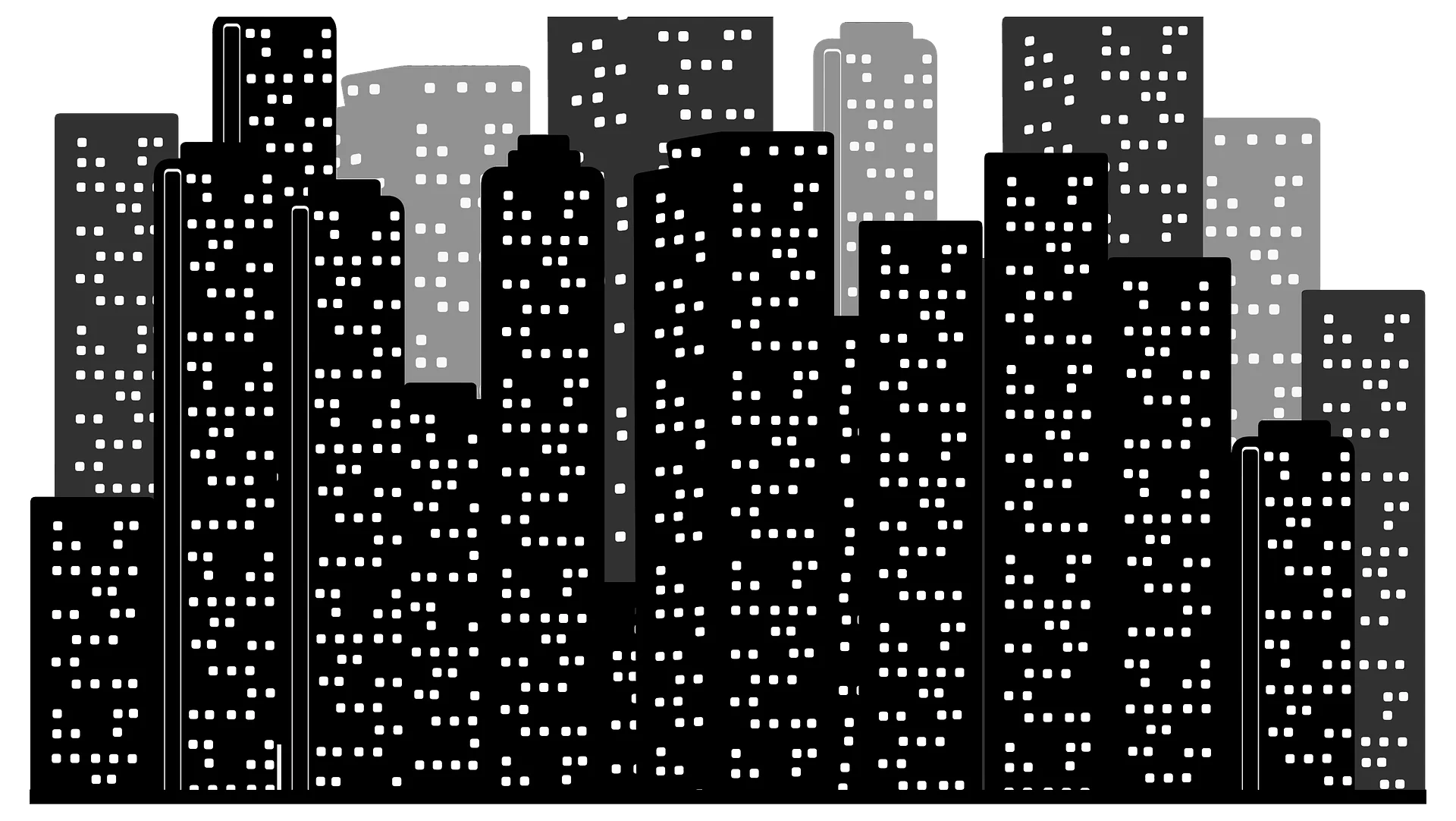 Monochromatic Urban Silhouette Cityscape Clipart with Geometric Skyscrapers