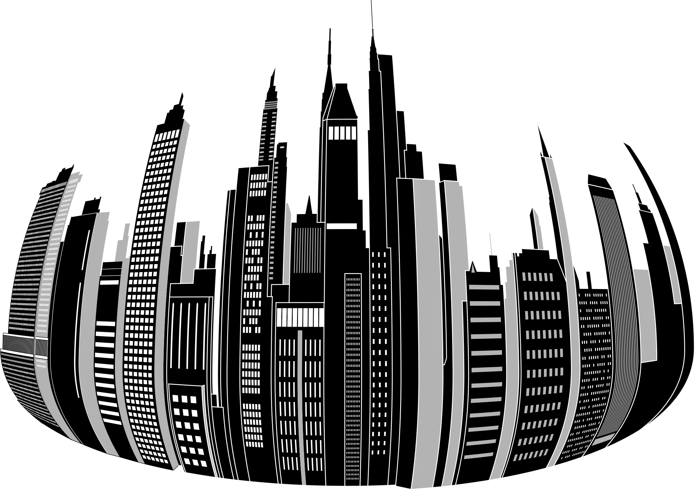 Monochromatic Urban Skyline Clipart: Abstract Architectural Silhouettes of Modern Metropolis