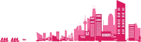 Urban Skyline Silhouette: Modern City Architecture Clipart Design in Bold Pink