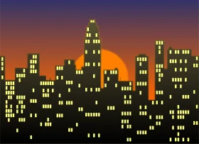 Urban Twilight Skyline: Glowing Cityscape Clipart with Sunset Silhouette