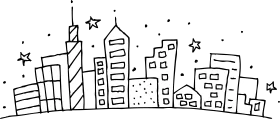 Whimsical Black and White Urban Landscape Clipart with Stylized Skyscrapers and Stars