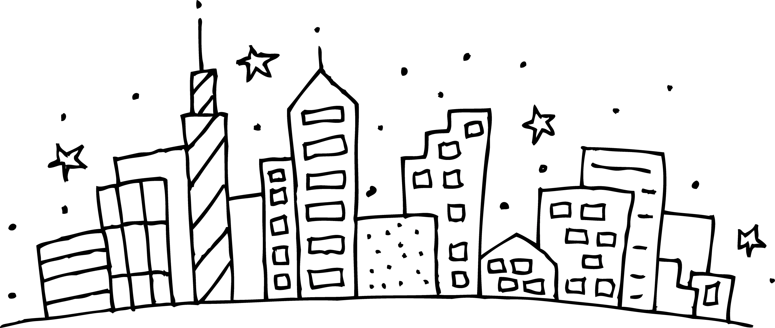 Whimsical Black and White Urban Landscape Clipart with Stylized Skyscrapers and Stars