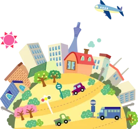Whimsical Playful City Landscape Clipart with Cute Transportation Elements