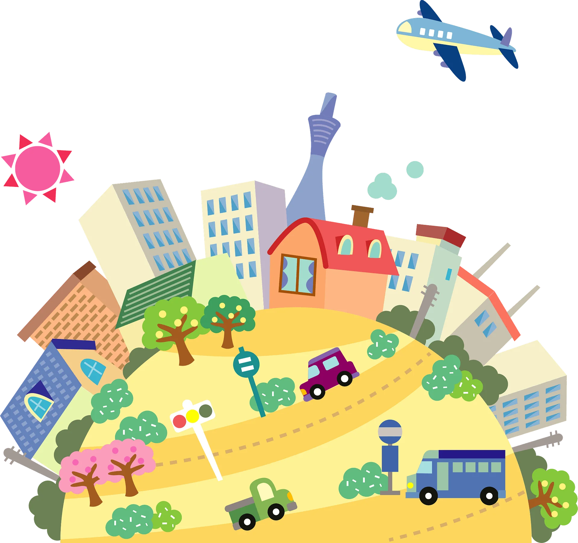 Whimsical Playful City Landscape Clipart with Cute Transportation Elements