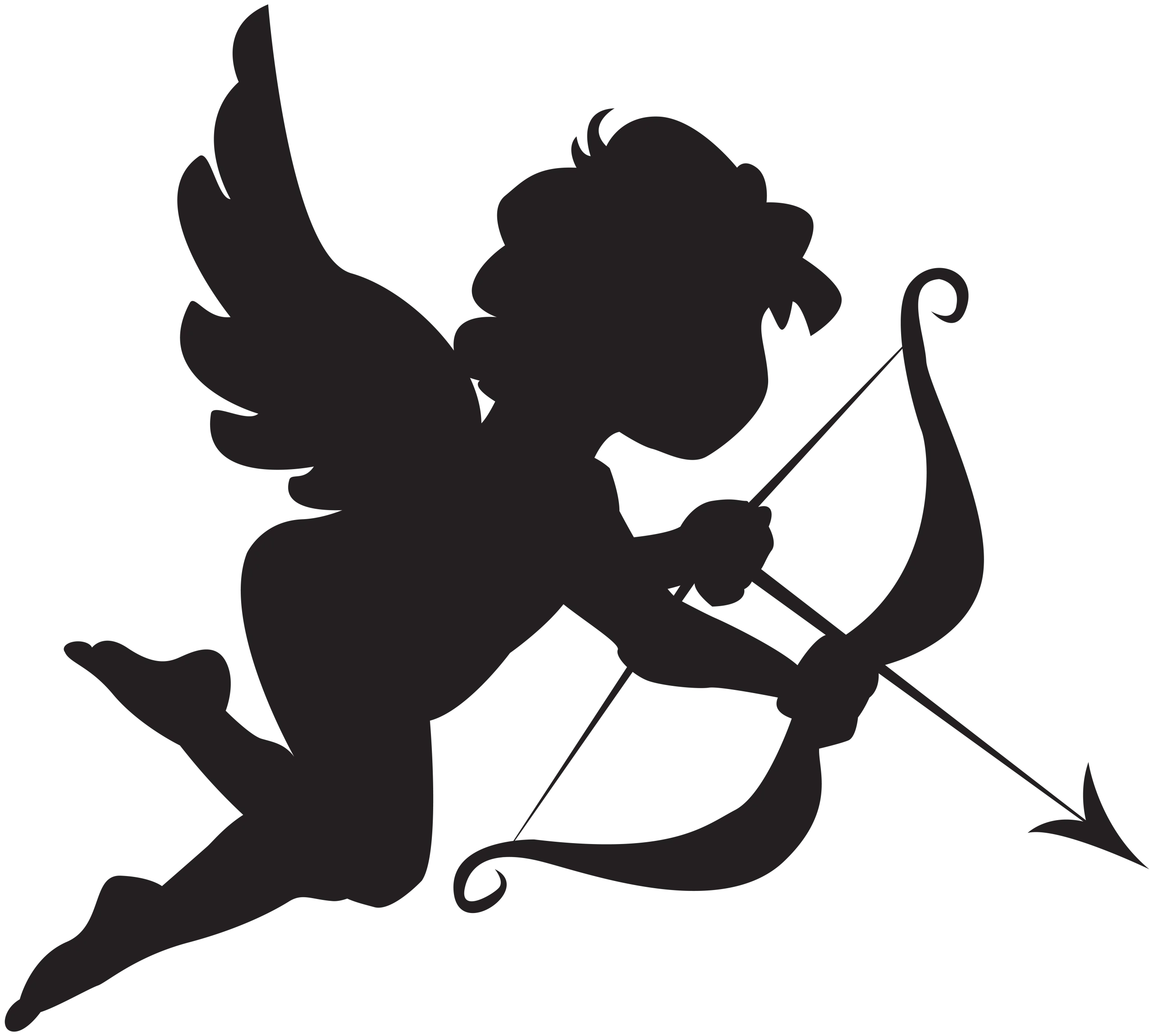 Elegant Silhouette of Winged Cupid Archer with Bow and Arrow Clipart Design