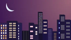 Minimalist Nighttime Urban Skyline Clipart with Crescent Moon Silhouette
