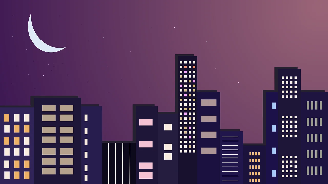 Minimalist Nighttime Urban Skyline Clipart with Crescent Moon Silhouette