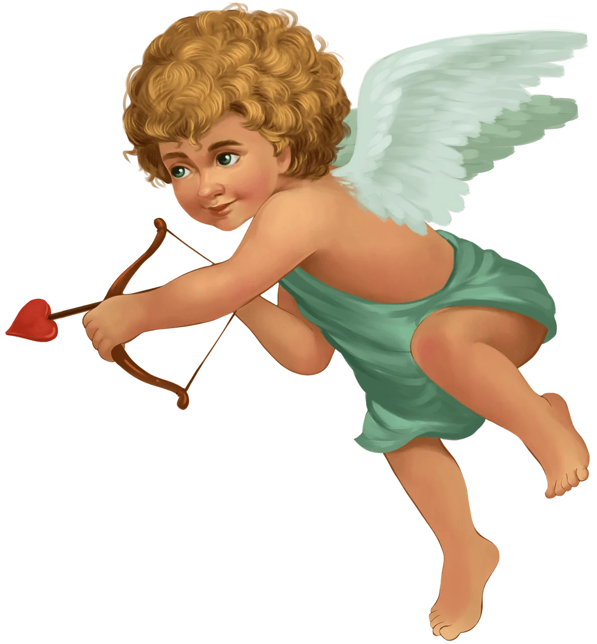 Whimsical Cupid Clipart Illustration with Soft Green Attire and Golden Curls
