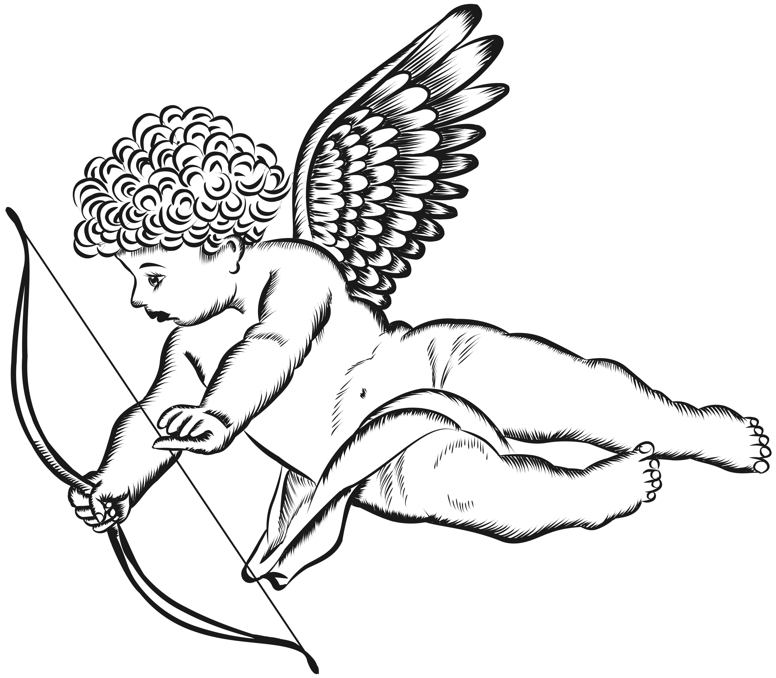 Elegant Black and White Cupid Clipart with Bow and Delicate Wings