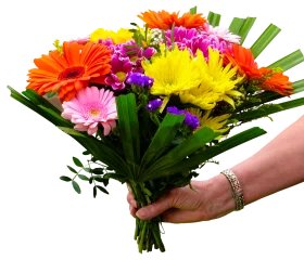 Cheerful Multicolored Flower Bouquet Clipart with Hand Holding Arrangement