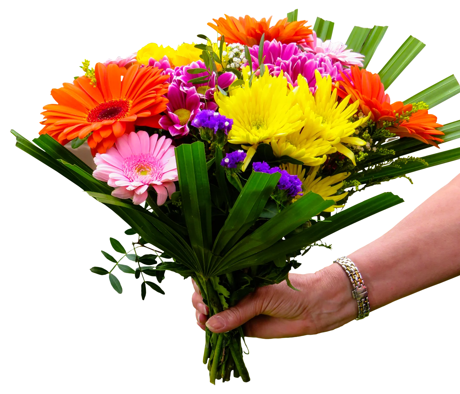 Cheerful Multicolored Flower Bouquet Clipart with Hand Holding Arrangement