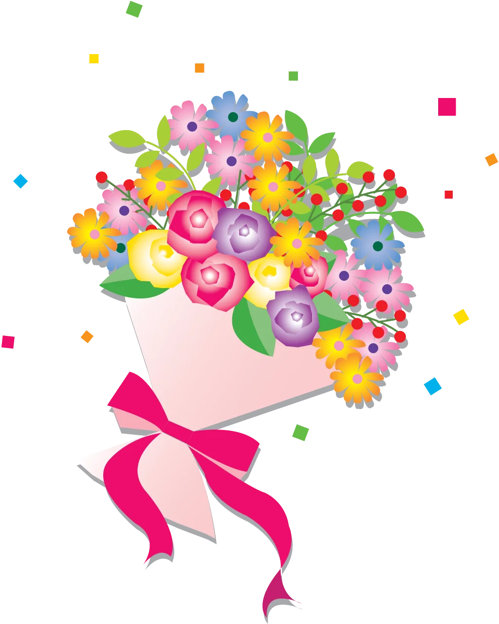 Cheerful Spring Celebration Flower Bouquet Clipart Illustration with Festive Confetti