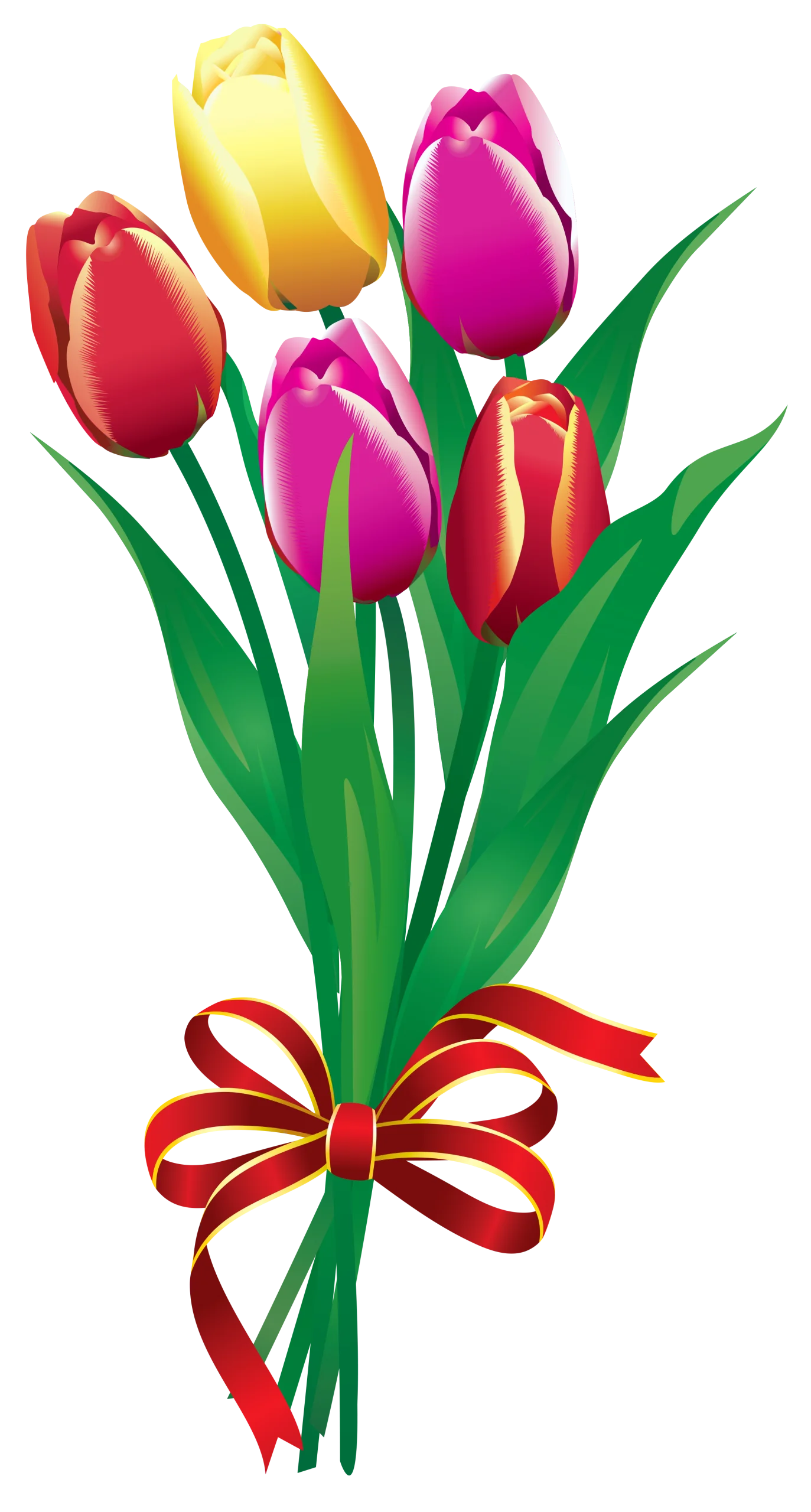 Cheerful Spring Tulips Bouquet with Ribbon Clipart: A Colorful Floral Arrangement
