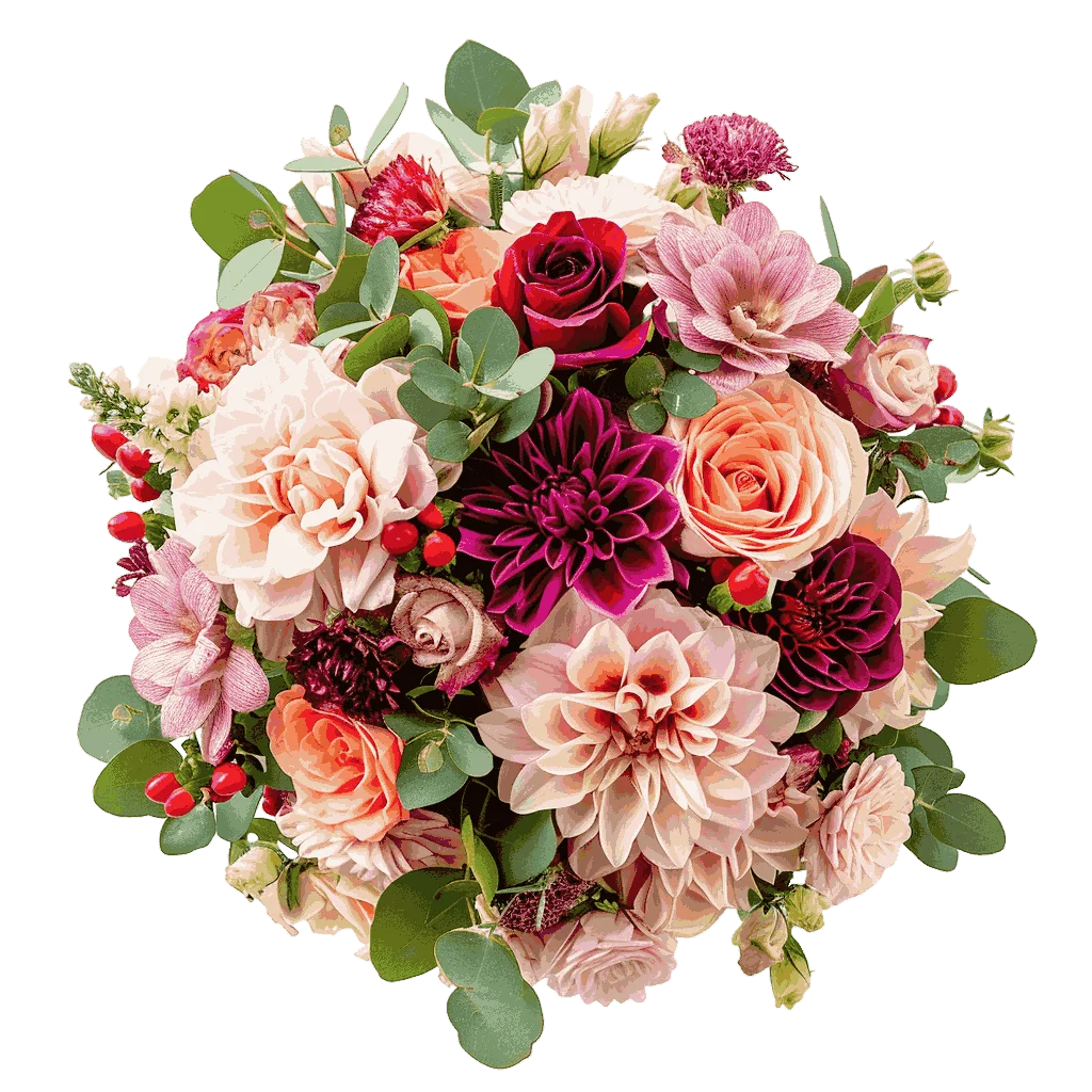 Elegant Romantic Floral Arrangement Clipart with Soft Blush and Deep Crimson Blooms