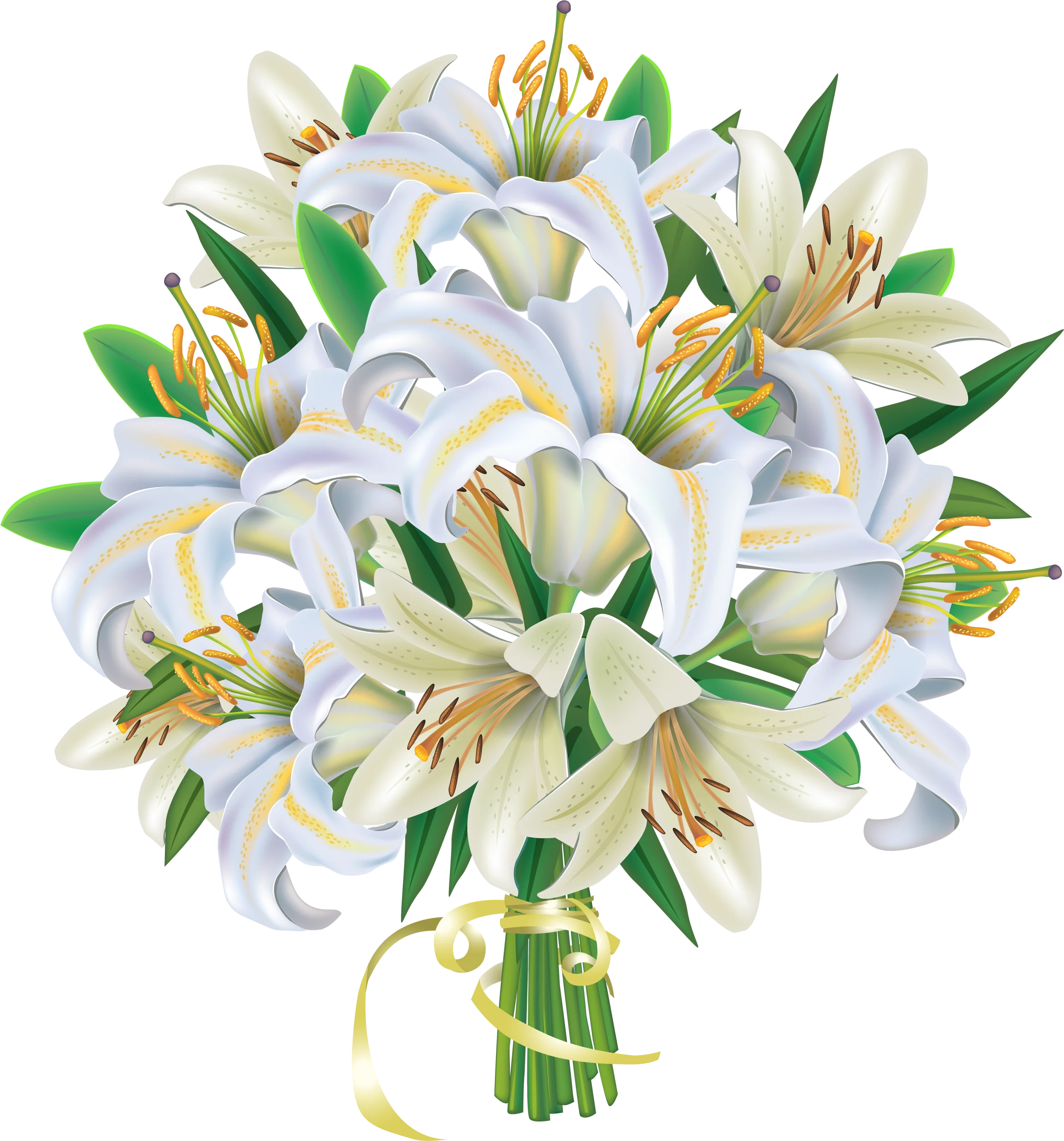 Elegant White Lily Clipart Bouquet with Delicate Green Foliage and Golden Accents