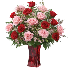 Romantic Red and Pink Roses Clipart in Elegant Glass Vase Arrangement