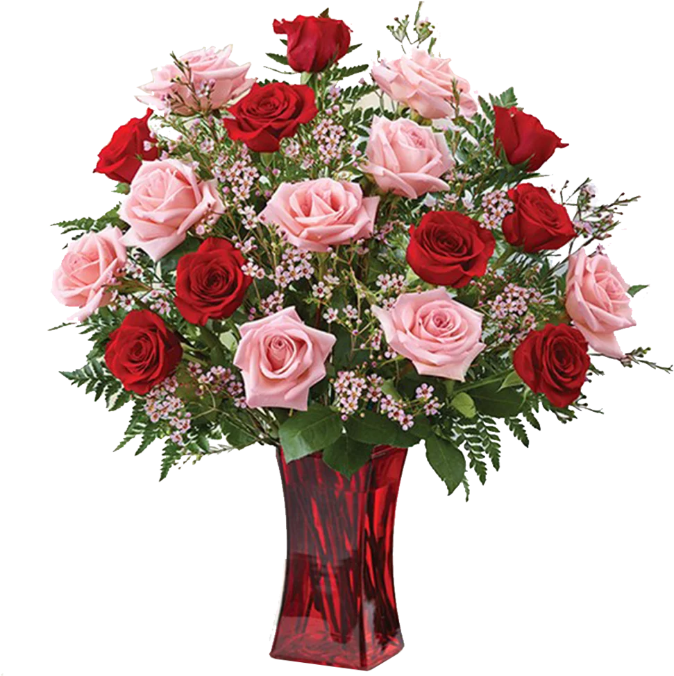 Romantic Red and Pink Roses Clipart in Elegant Glass Vase Arrangement