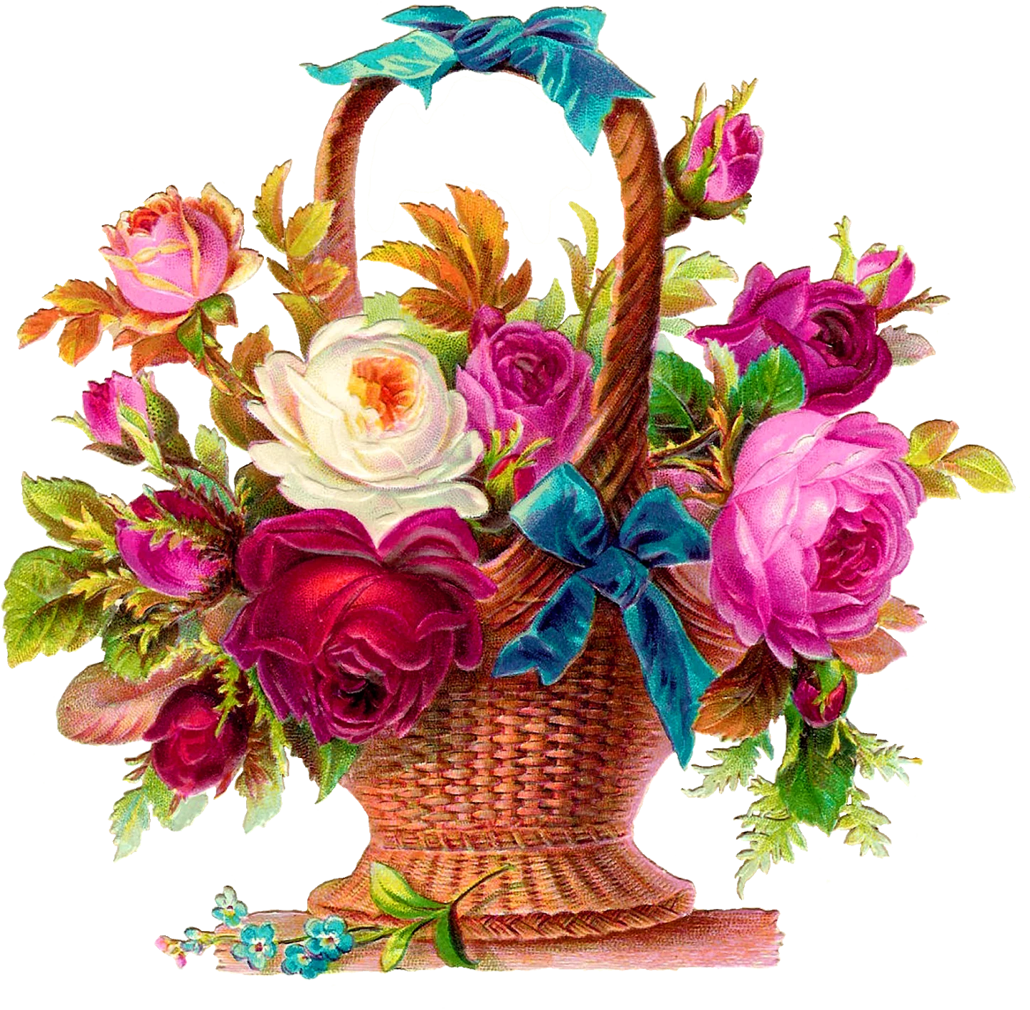 Vintage Victorian-Style Floral Basket Clipart with Lush Romantic Roses