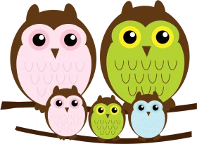 Adorable Family of Cartoon Owls Perched on Branch - Cute Woodland Clipart Design