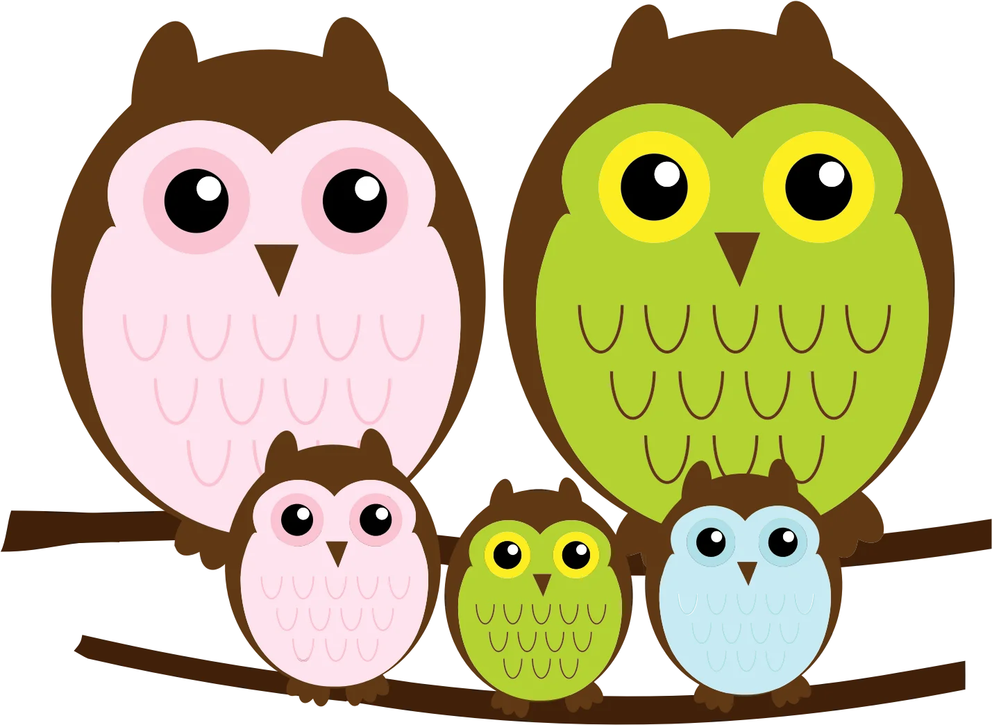 Adorable Family of Cartoon Owls Perched on Branch - Cute Woodland Clipart Design